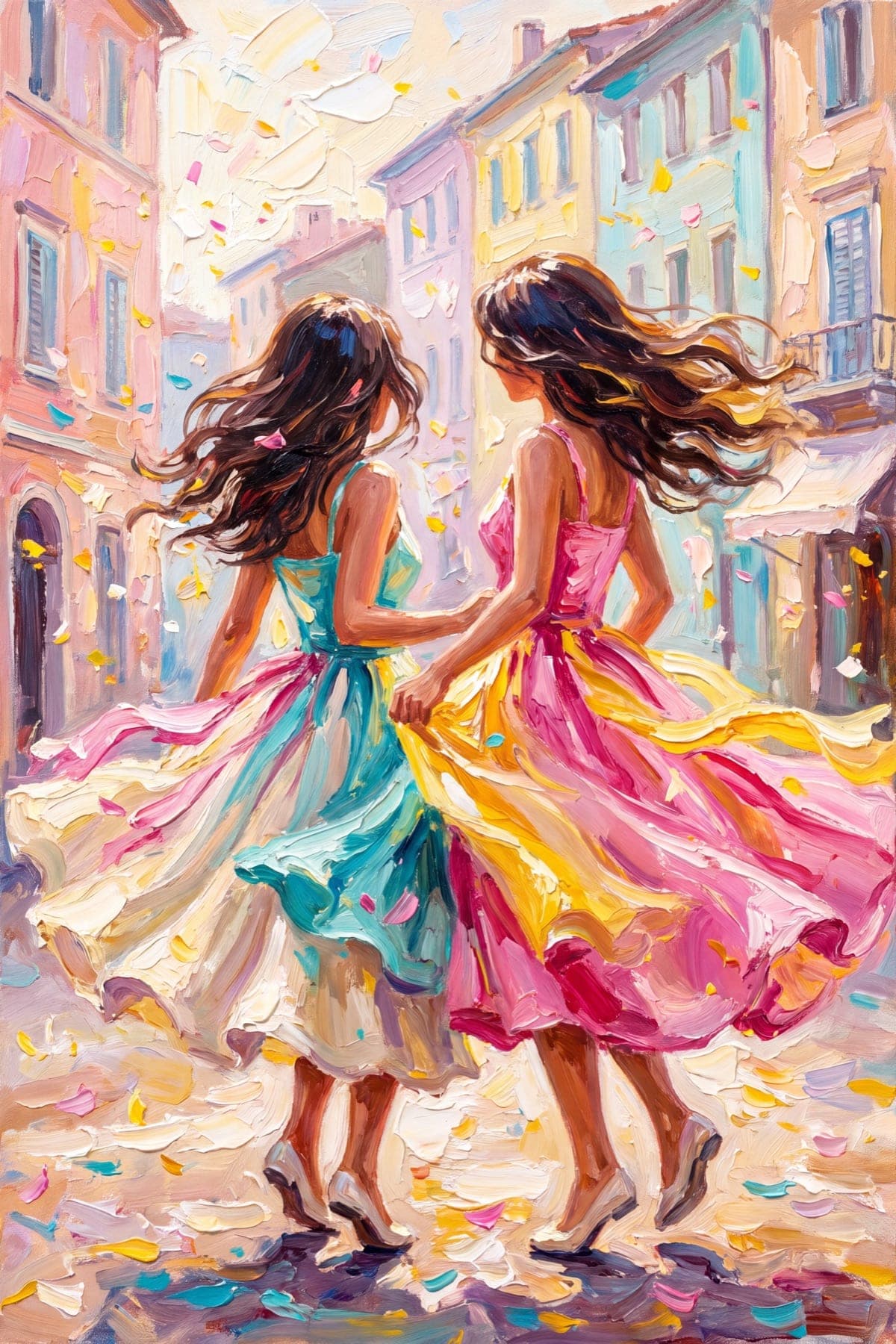 Sœurs jumelles dansantes — Soleil, couleurs et une place pleine de joie.